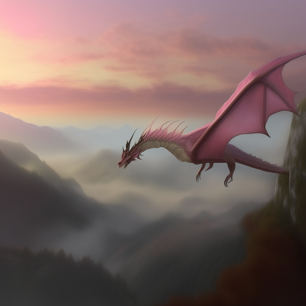 A majestic Eastern dragon soaring through misty mountains at dawn, its scales glittering like jewels in the rose-colored light