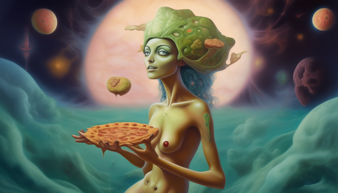 an alien goddess with green skin, large eyes and antennas floating in cosmic clouds, with apple pies drifting past her, highly detailed painting