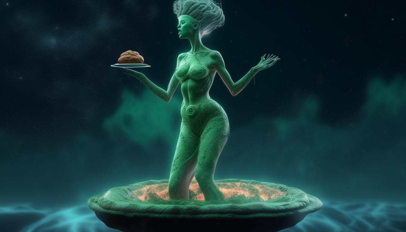 an very alien looking goddess with green skin standing on top of a pie crust base, with a wave of cosmic space dust cloud swirling about her, 16:9 aspect ratio, highly detailed, dark sci-fi fantasy style, 4k quality