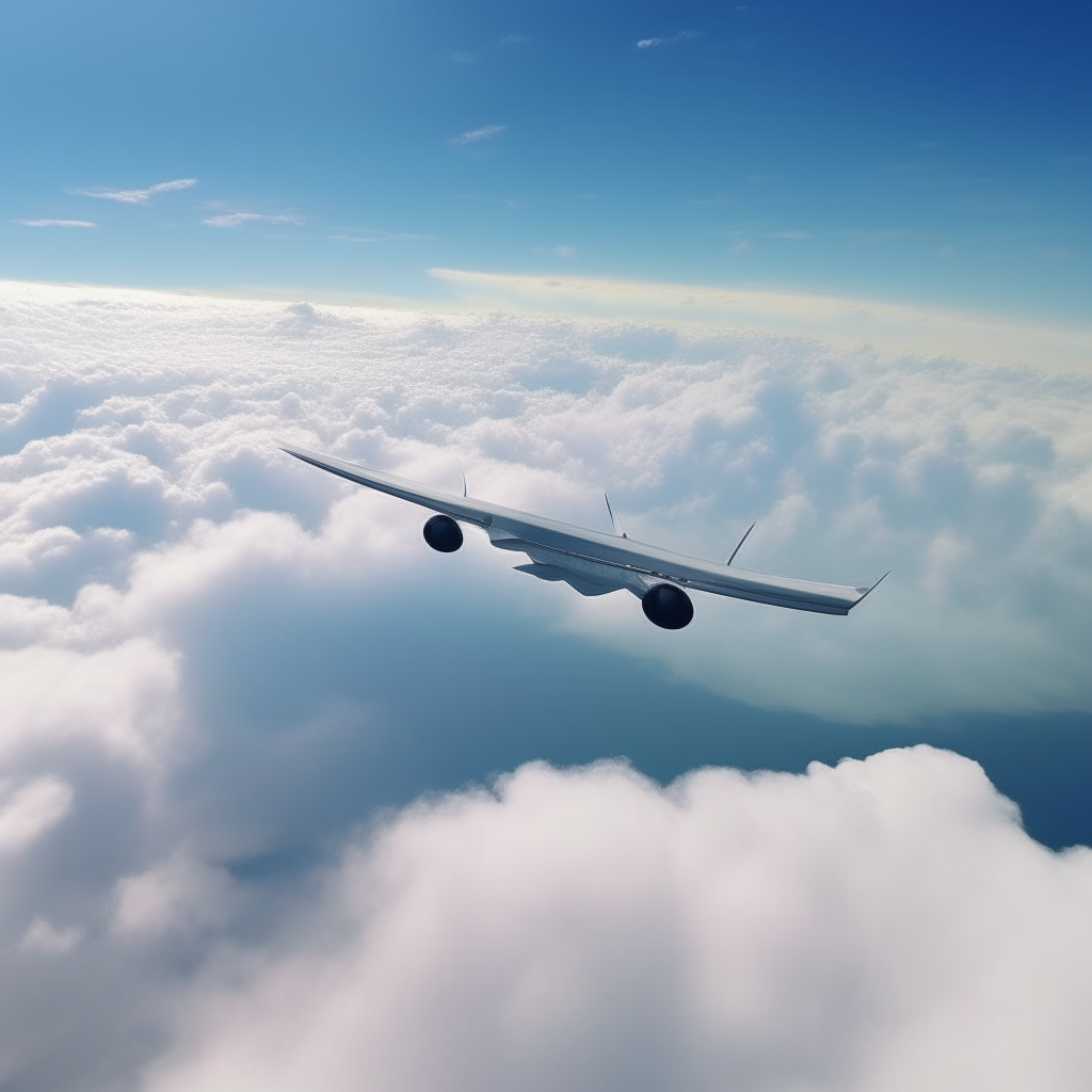 A modern jetliner soaring high among fluffy white clouds, seen from the window seat of another plane