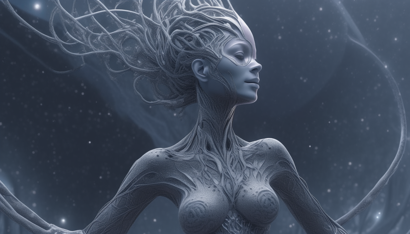 an alien looking goddess standing in a cloud of cosmic space dust with intricate intertwining silver chrome vines in the background, 16:9 aspect ratio, highly detailed, 4k quality, dark sci-fi fantasy style