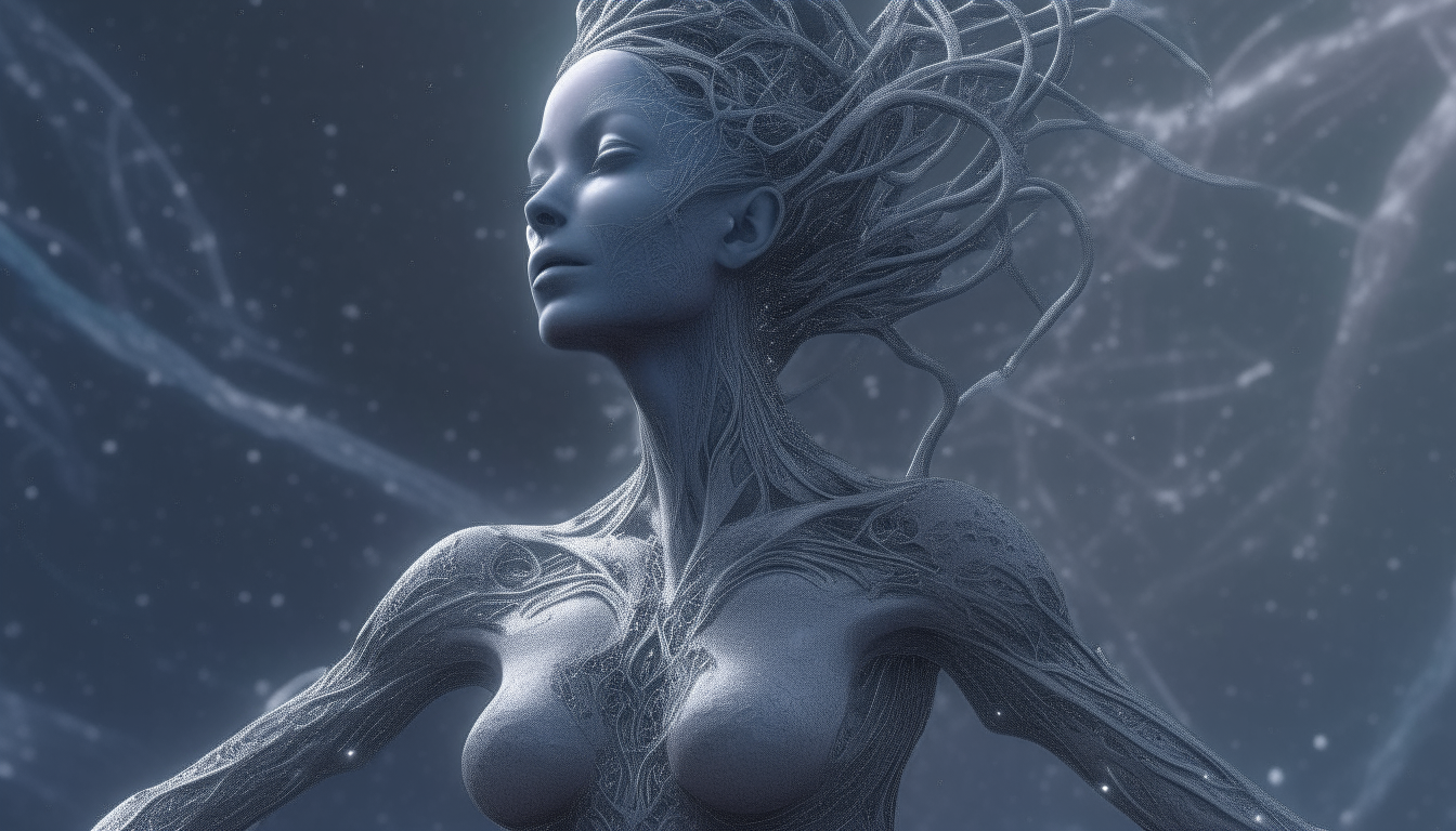 an alien looking goddess standing in a cloud of cosmic space dust with intricate intertwining silver chrome vines in the background, 16:9 aspect ratio, highly detailed, 4k quality, dark sci-fi fantasy style