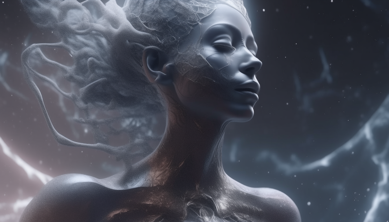 an alien looking goddess being covered in waves of cosmic space dust clouds with silver chrome tendrils morphing from the dust, 16:9 aspect ratio, highly detailed, 4k quality, dark sci-fi fantasy style