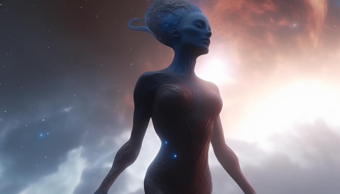 an alien looking goddess flying through clouds of cosmic space dust, with explosions of new universes in the distance, 16:9 aspect ratio, highly detailed, 4k quality, dark sci-fi fantasy style