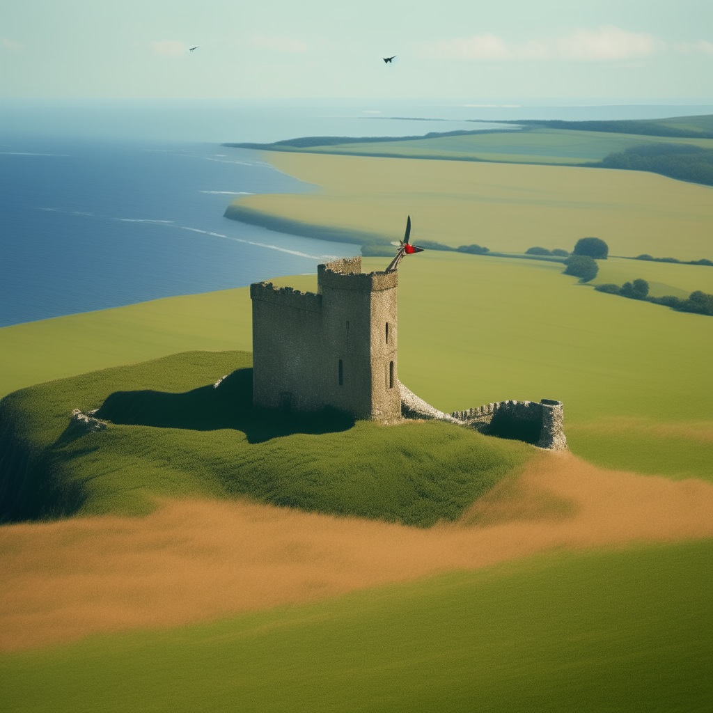 A medieval castle perched atop a rocky cliff, overlooking green rolling hills and a sparkling blue sea in the distance. The stone walls are weathered and moss-covered.