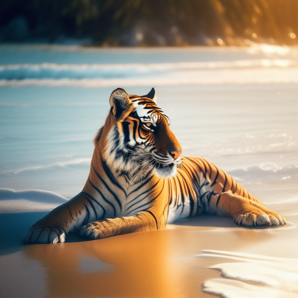 A beautiful Bengal tiger relaxing on a tropical beach, its orange fur glowing in the sunlight as waves gently lap at the shore