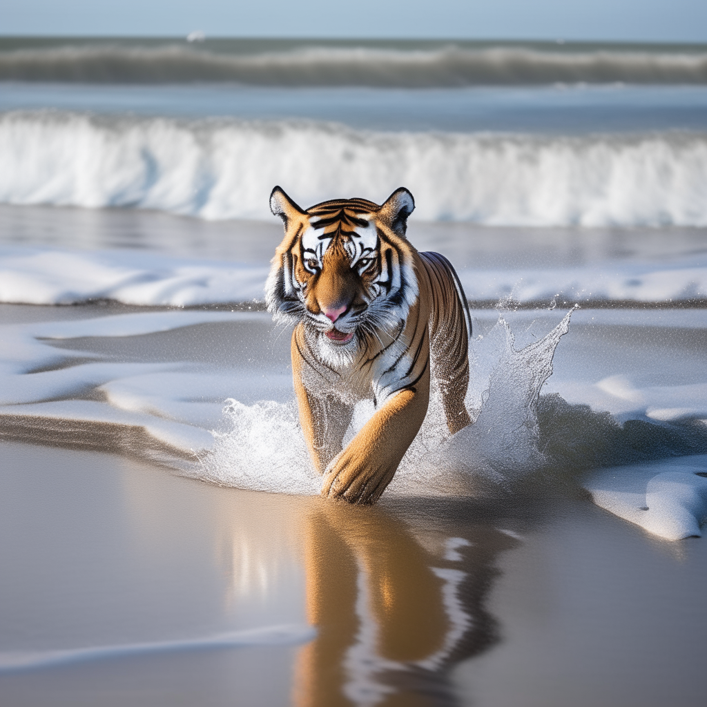 A magnificent tiger emerges from the ocean after a refreshing swim, shaking water from its coat as it pads across the wet sand