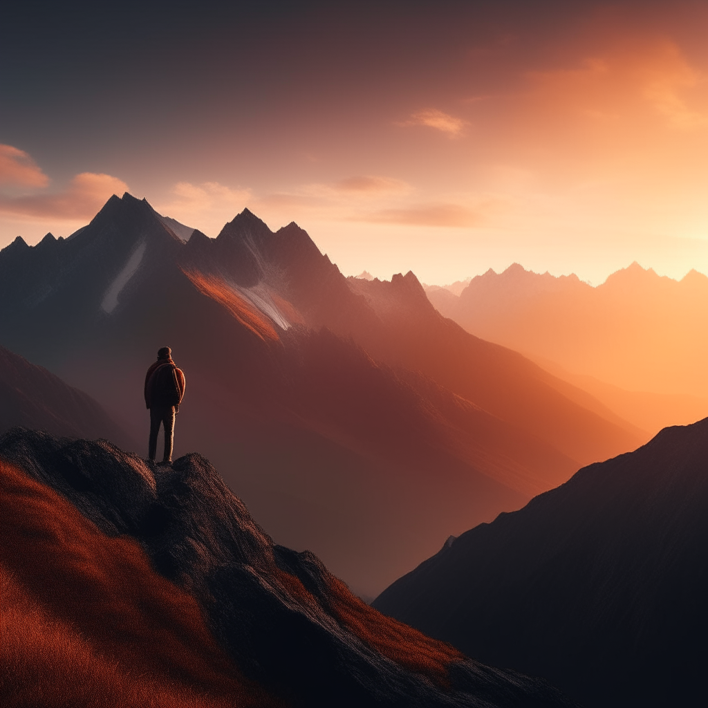 A lone traveler gazes at a majestic mountain range at sunset, filled with wonder and determination to reach unknown heights