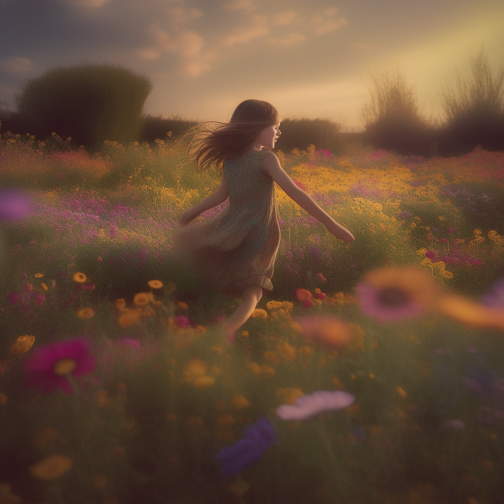 A young girl dances through a field of flowers, her imagination carrying her to magical lands beyond the horizon