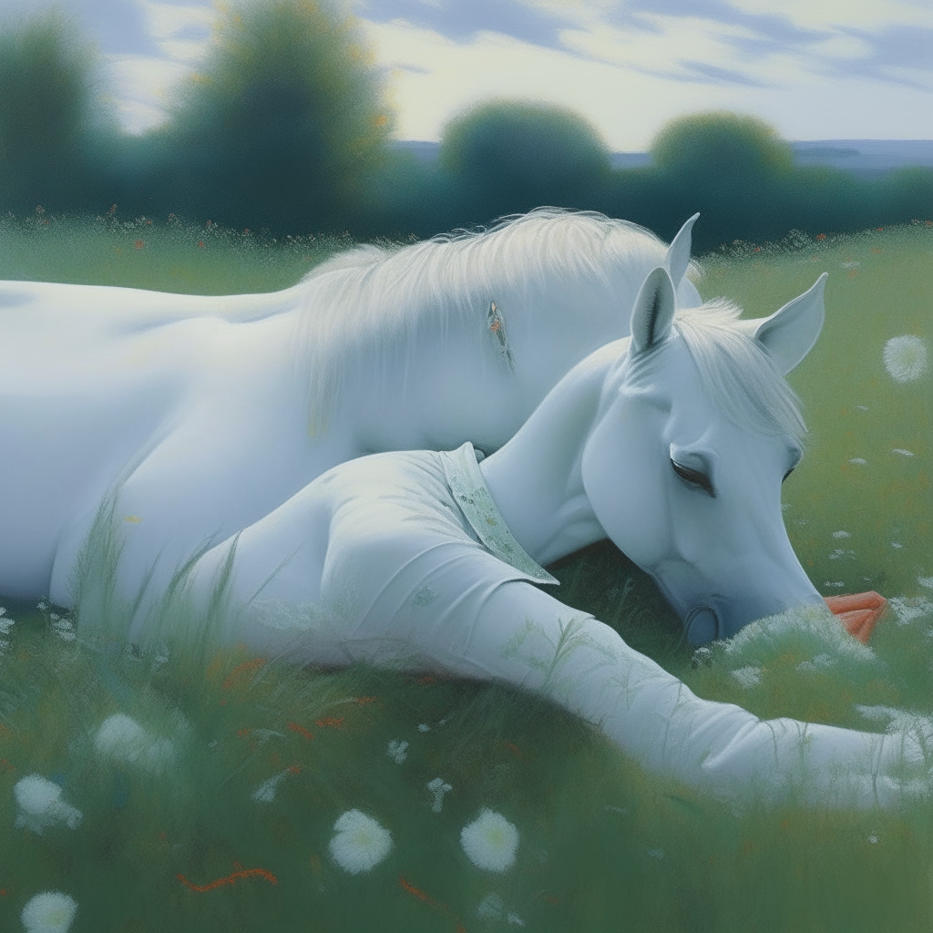 A rider lies asleep in a meadow, dreaming of a white horse with eyes like a summer sky that comes to nuzzle her outstretched hand