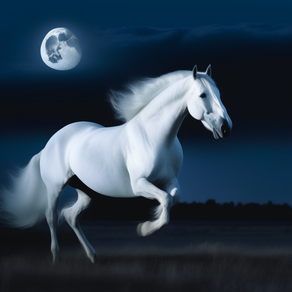 A white horse gallops through an open field under a full moon, its coat glowing and eyes sparkling an unearthly blue