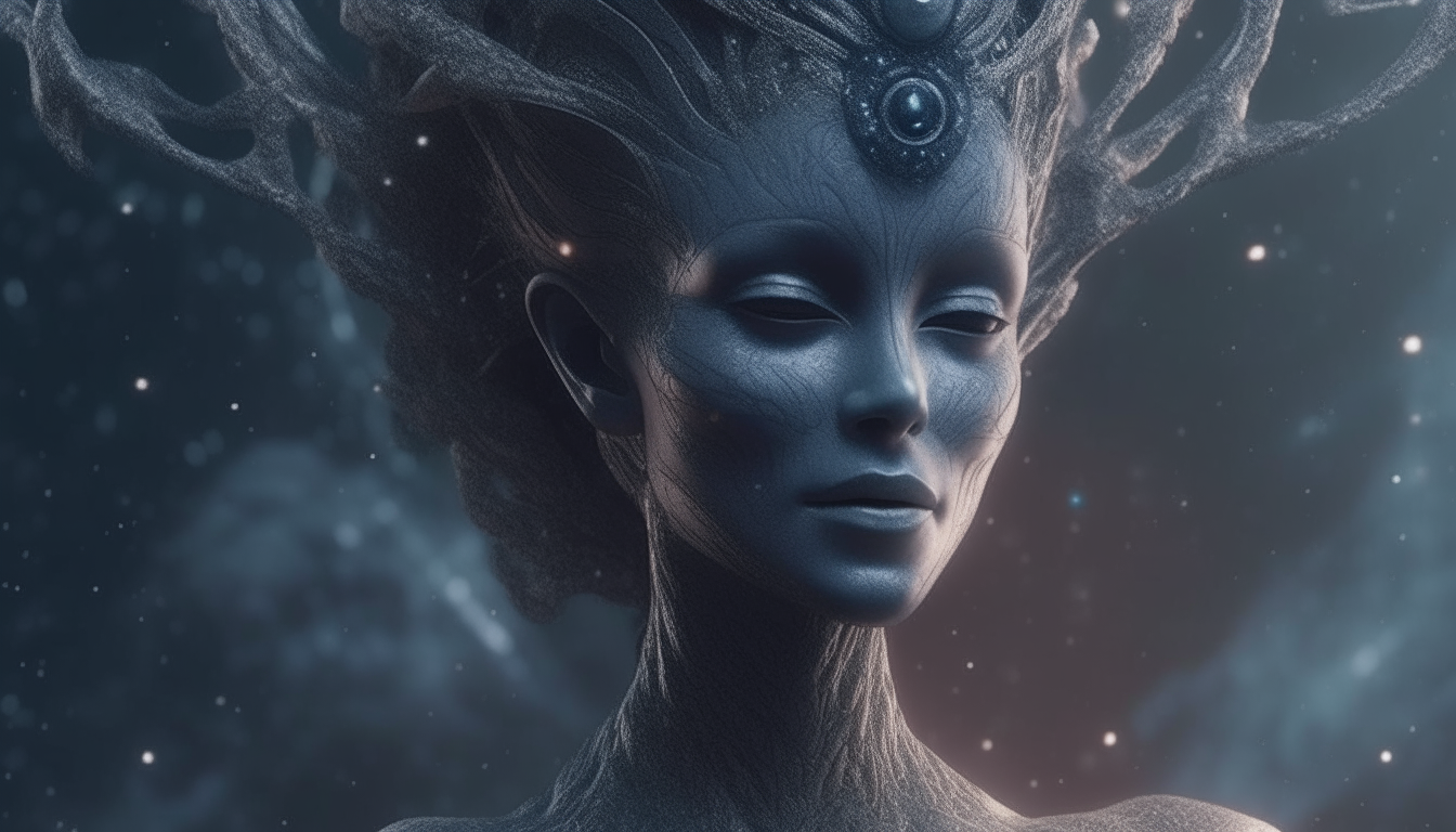 alien looking goddess with tendril crown emerging from cosmic space dust cloud, photo realistic, highest level of intricate details, 4k quality, dark sci-fi fantasy style, 16:9 aspect ratio