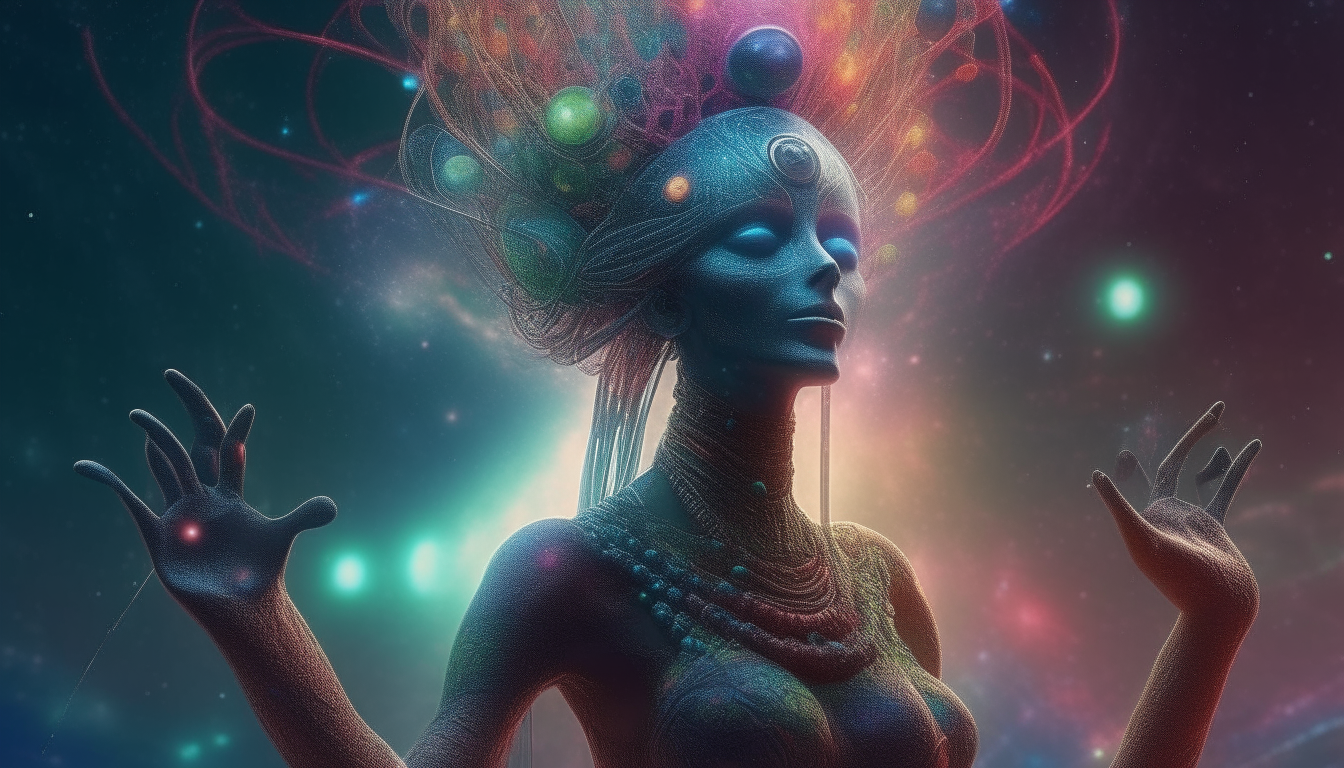 alien looking goddess with tendril crown collecting glowing orbs from the heavens, emerging from a colourful cosmic space dust cloud, photographic, highest level of intricate details, 4k quality, sci-fi fantasy style, 16:9 aspect ratio