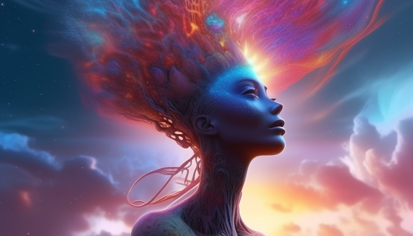 alien looking goddess with explosions of galactic colourful cosmic clouds around her, she looks in wonder, photographic realism, highest level of intricate details, 4k quality, sci-fi fantasy style, 16:9 aspect ratio