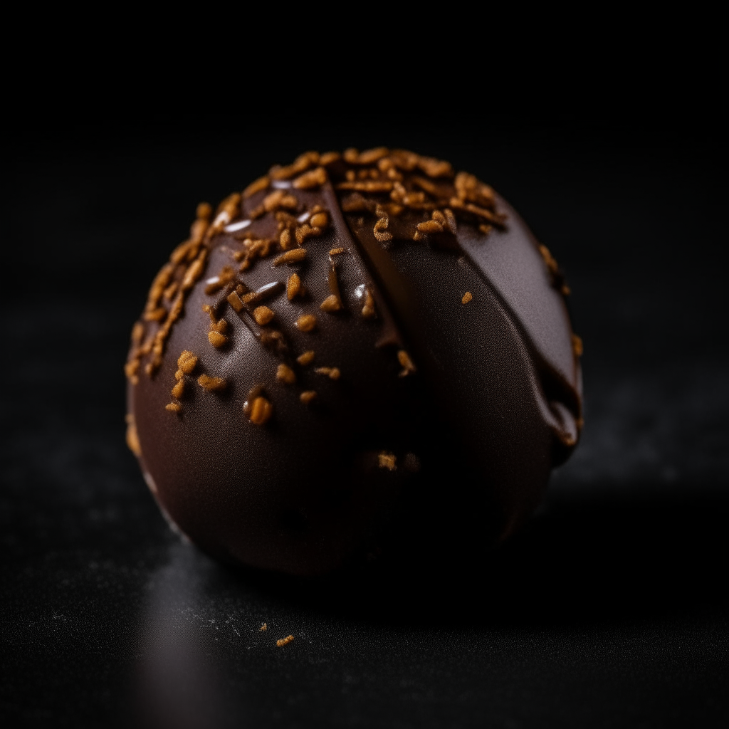 A close-up of a chocolate bonbon filled with ganache and coated in coarse chocolate sprinkles, photographed against a black background