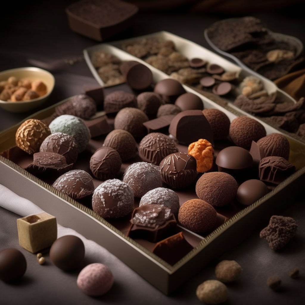 A tray of artfully arranged chocolate truffles, fudge and other confections, dusted with shimmering cocoa powder