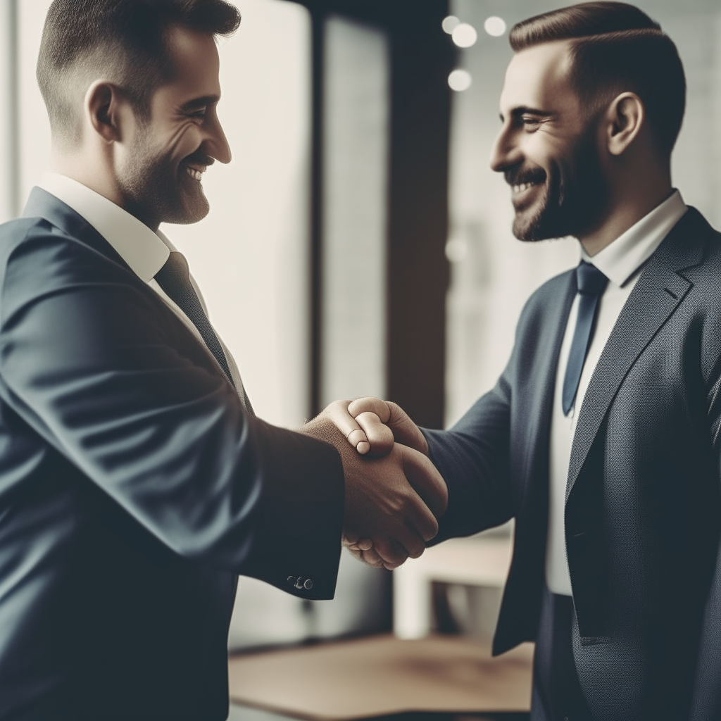 A businessman shakes hands with a client, celebrating a successful deal that will earn them both profits