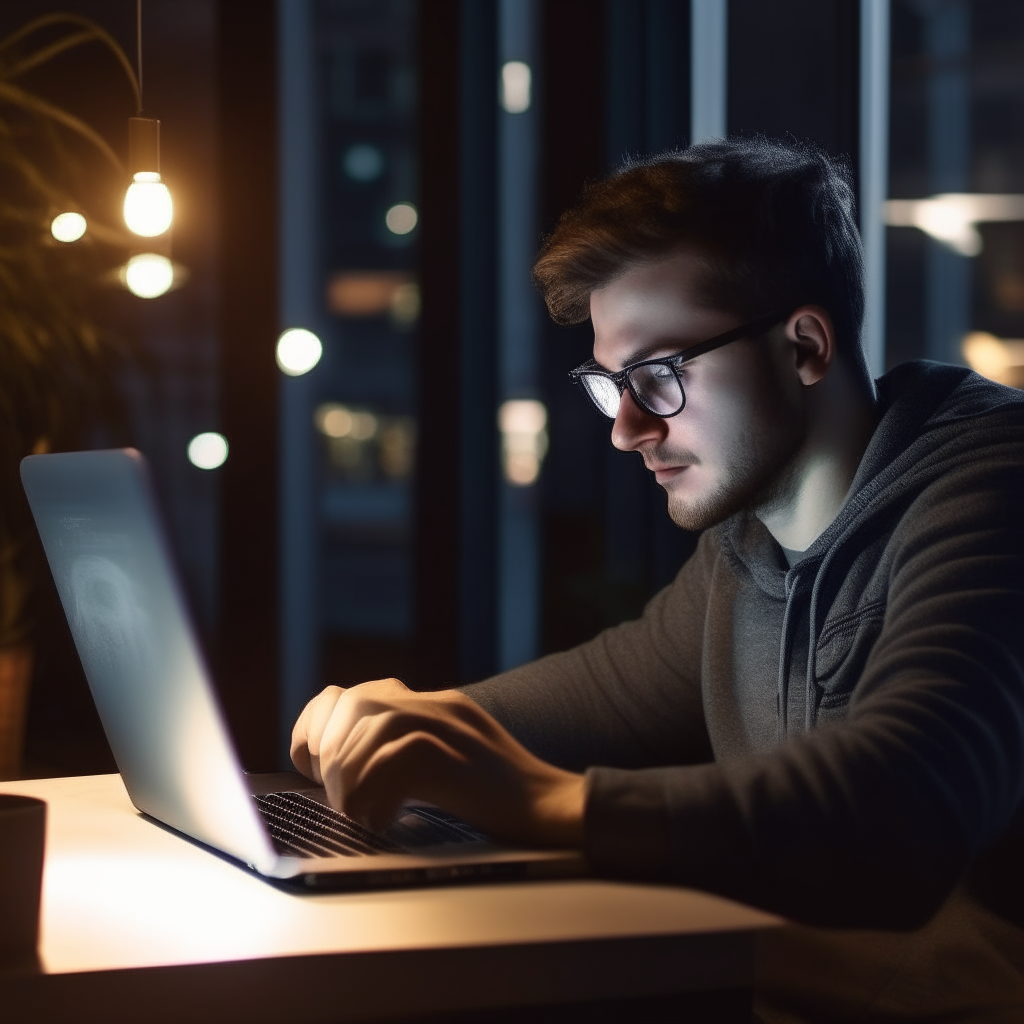 An entrepreneur works late at their laptop, coding the next iteration of their startup app that they hope will make them a fortune