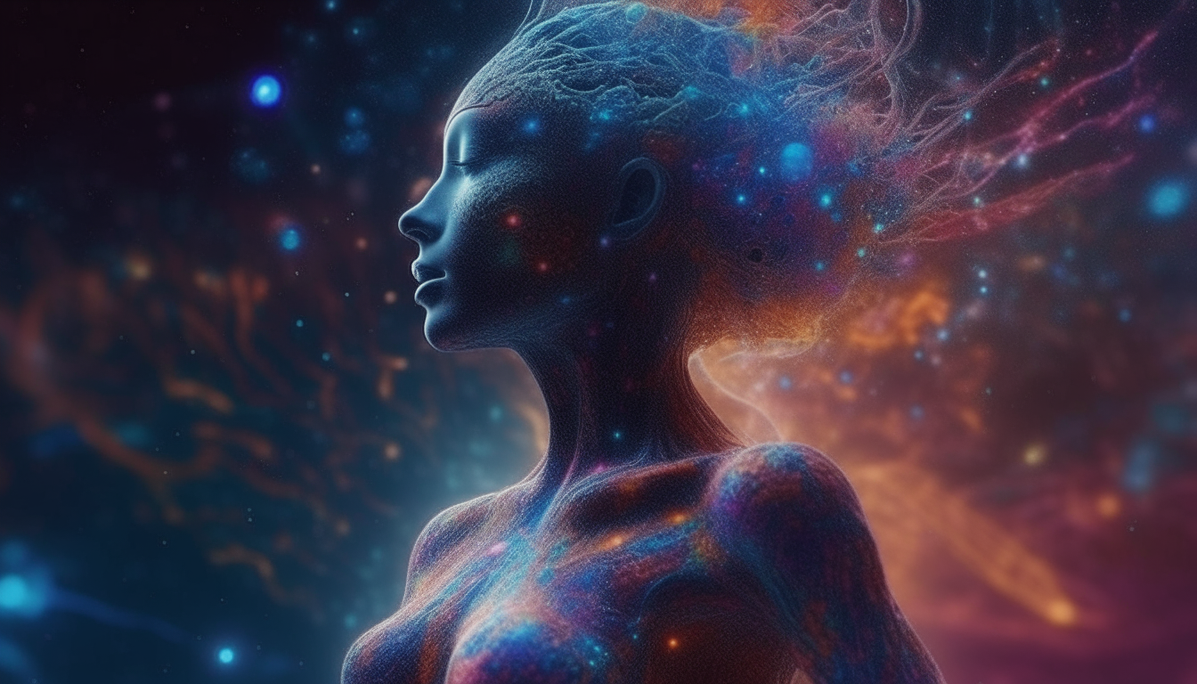 alien looking goddess with the birth of the universe, colourful space gases and constellations exploding around her, photographic, highest level of intricate details, 4k quality, sci-fi fantasy style, 16:9 aspect ratio