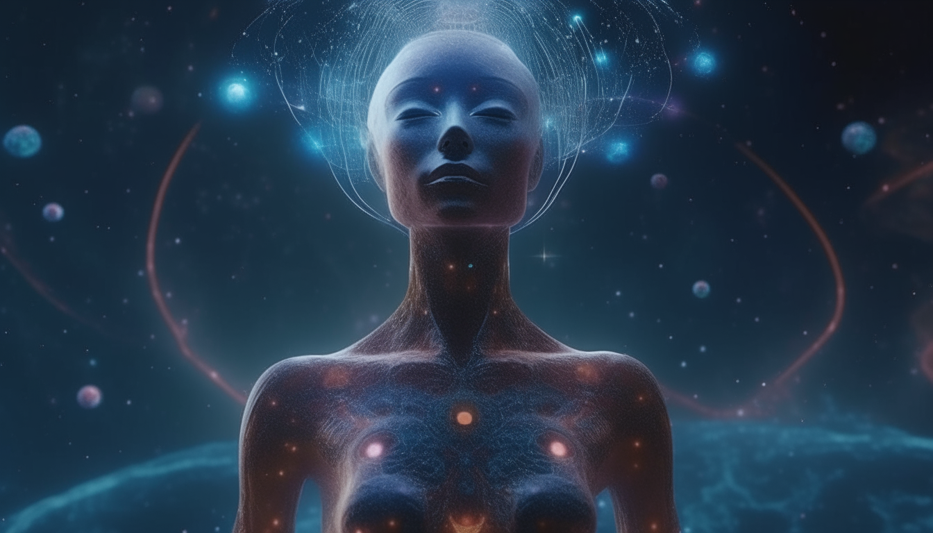 alien looking goddess floating in the center of the universe with constellations and birth of new nebulas, tendrils collecting glowing star dust orbs, photographic realism, 4k quality, sci-fi fantasy style, 16:9 aspect ratio