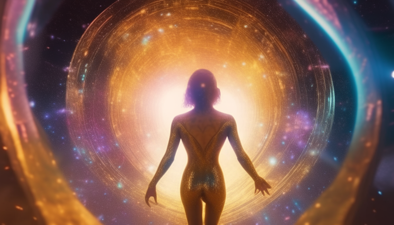 alien looking goddess drifting through a colorful cosmic time tunnel made of space dust, with golden orbs following her, photographic realism, 4k quality, sci-fi fantasy style, 16:9 aspect ratio