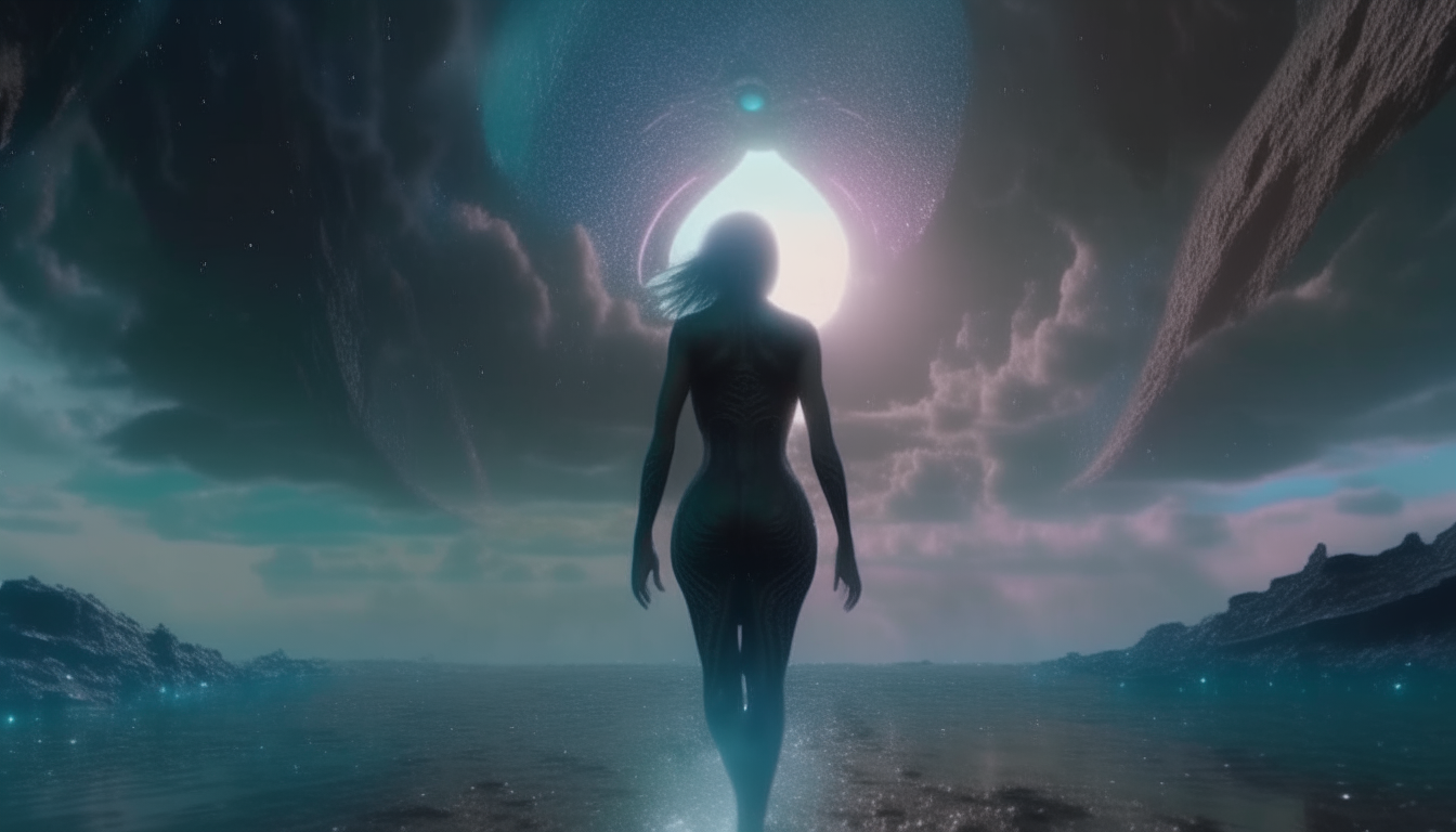 alien looking goddess walking towards the center of the universe with cosmic space dust clouds and waves of liquid beneath her, vast chasms of space above, highly detailed, photorealistic, 4k quality, dark sci-fi fantasy style, 16:9 aspect ratio