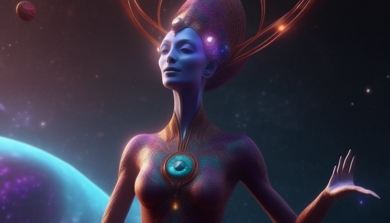 alien looking space goddess welcoming the universe, nebular cosmic solar systems and colorful gases swirling above her, highly detailed, photorealistic, 4k quality, dark sci-fi fantasy style, 16:9 aspect ratio