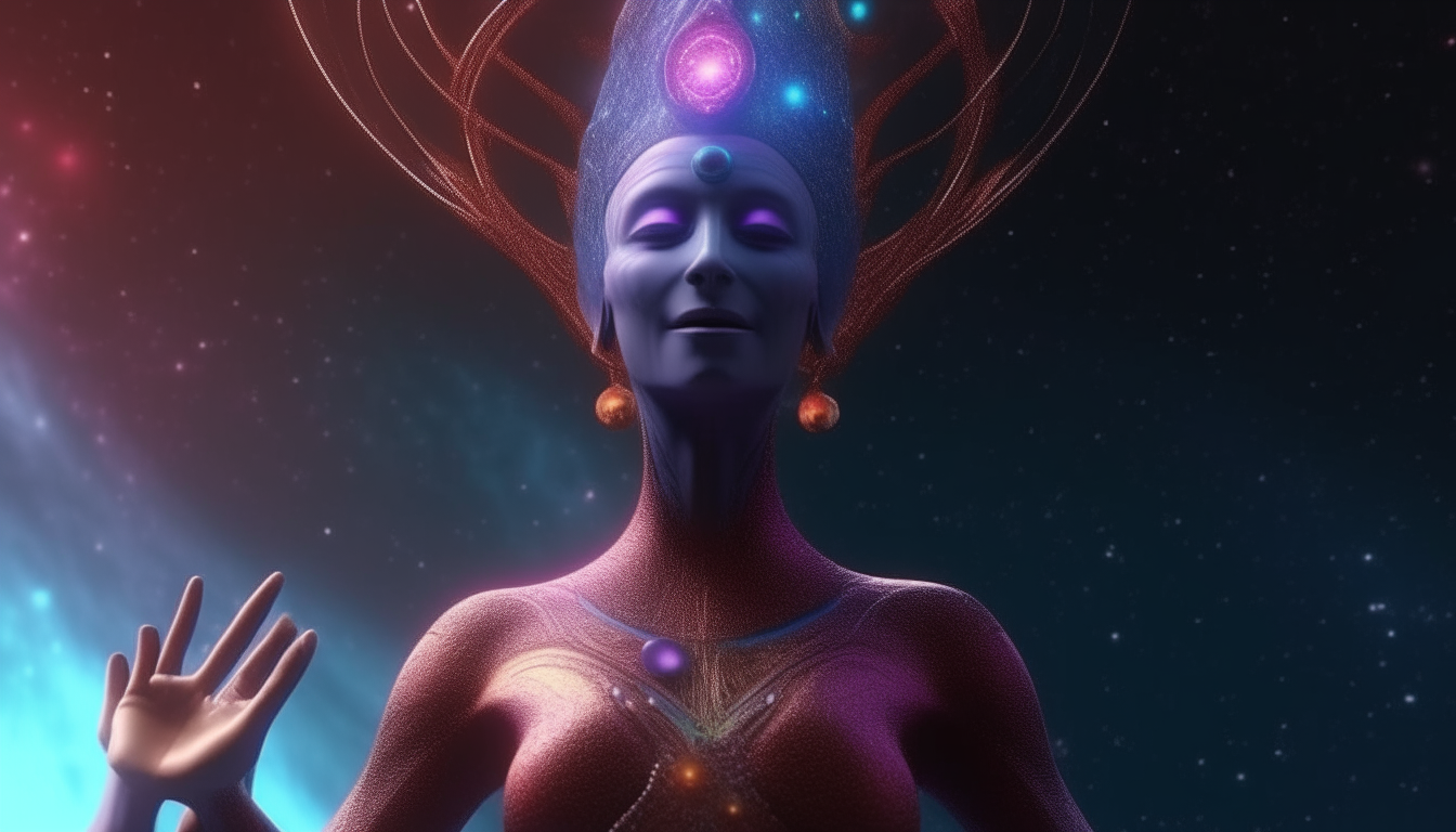 alien looking space goddess welcoming the universe, nebular cosmic solar systems and colorful gases swirling above her, highly detailed, photorealistic, 4k quality, dark sci-fi fantasy style, 16:9 aspect ratio