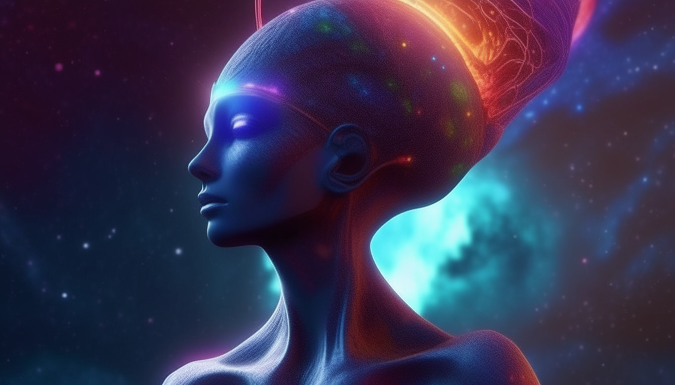 alien looking space goddess seeing the universe, nebular cosmic solar systems and colorful gases swirling above her, highly detailed, photorealistic, 4k quality, dark sci-fi fantasy style, 16:9 aspect ratio