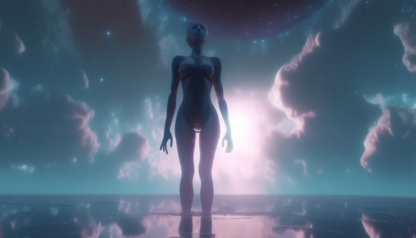 alien looking goddess standing in a reflective liquid pool with clouds of cosmic space dust falling from above and heavenly beams of light, highly detailed, 4k quality, photorealistic, dark sci-fi fantasy style, 16:9 aspect ratio