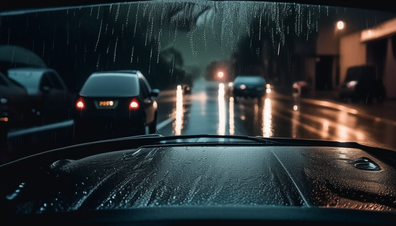 A car driving down a wet street at night during a rainstorm, seen from the rear window through raindrops