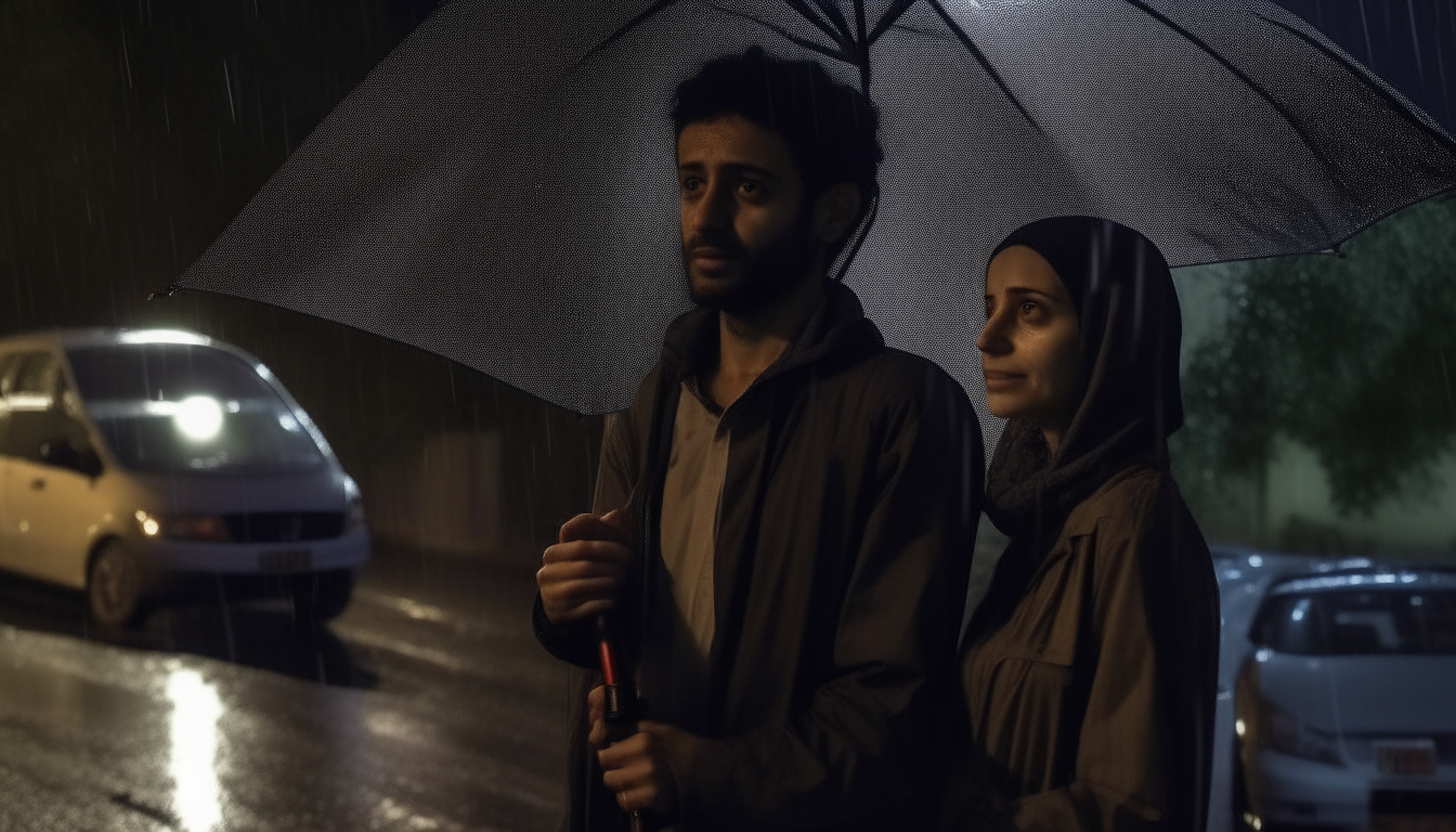The night was dark and raining heavily, and the wind was blowing the trees strongly in this terrifying weather. Sarah and Ahmed were a young couple who decided to go out for a short walk in their car, despite the bad weather.