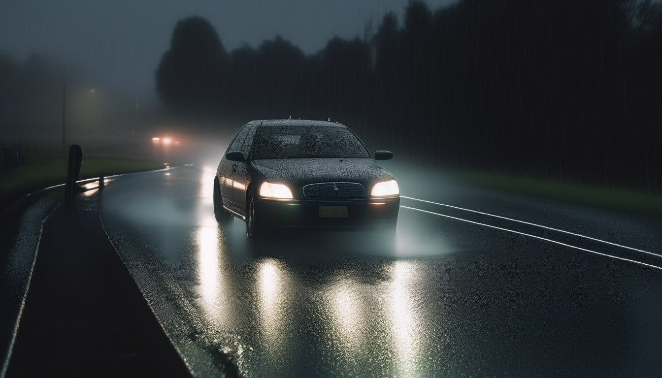 A sedan driving along a dark, wet road on a stormy night, windshield wipers working hard as rain pours down