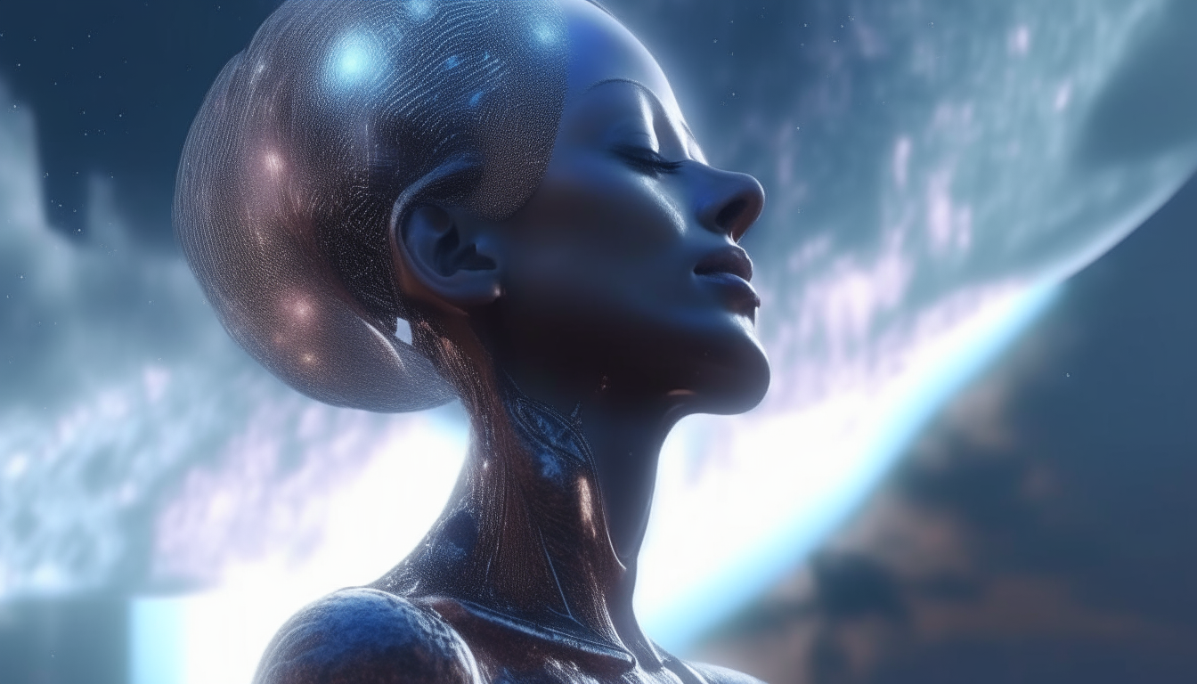 beautiful alien goddess emerging from reflective liquid and looking at the cosmic sky with cosmic clouds waving across the universe, highly detailed, photorealistic, 4k quality, dark sci-fi fantasy style, 16:9 aspect ratio