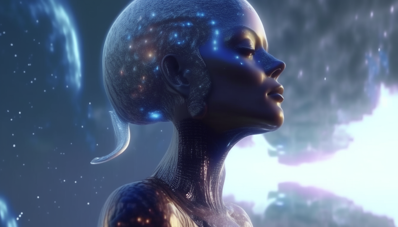 beautiful alien goddess emerging from reflective liquid looking at the cosmic sky with cosmic clouds, highly detailed, 4k quality, dark sci-fi fantasy style, 16:9 aspect ratio