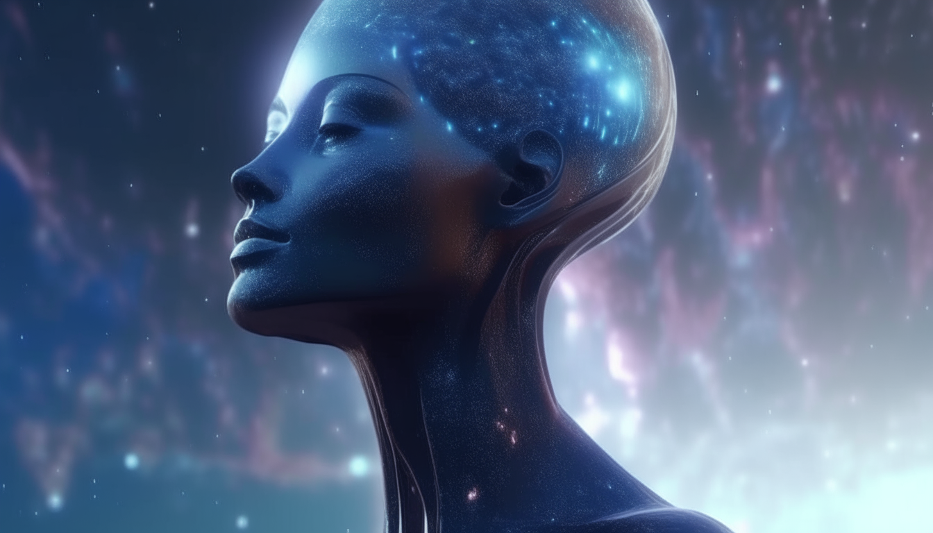 beautiful alien goddess emerging from reflective liquid looking at a cosmic galaxy sky with cosmic clouds, highly detailed, 4k quality, dark sci-fi fantasy style, 16:9 aspect ratio