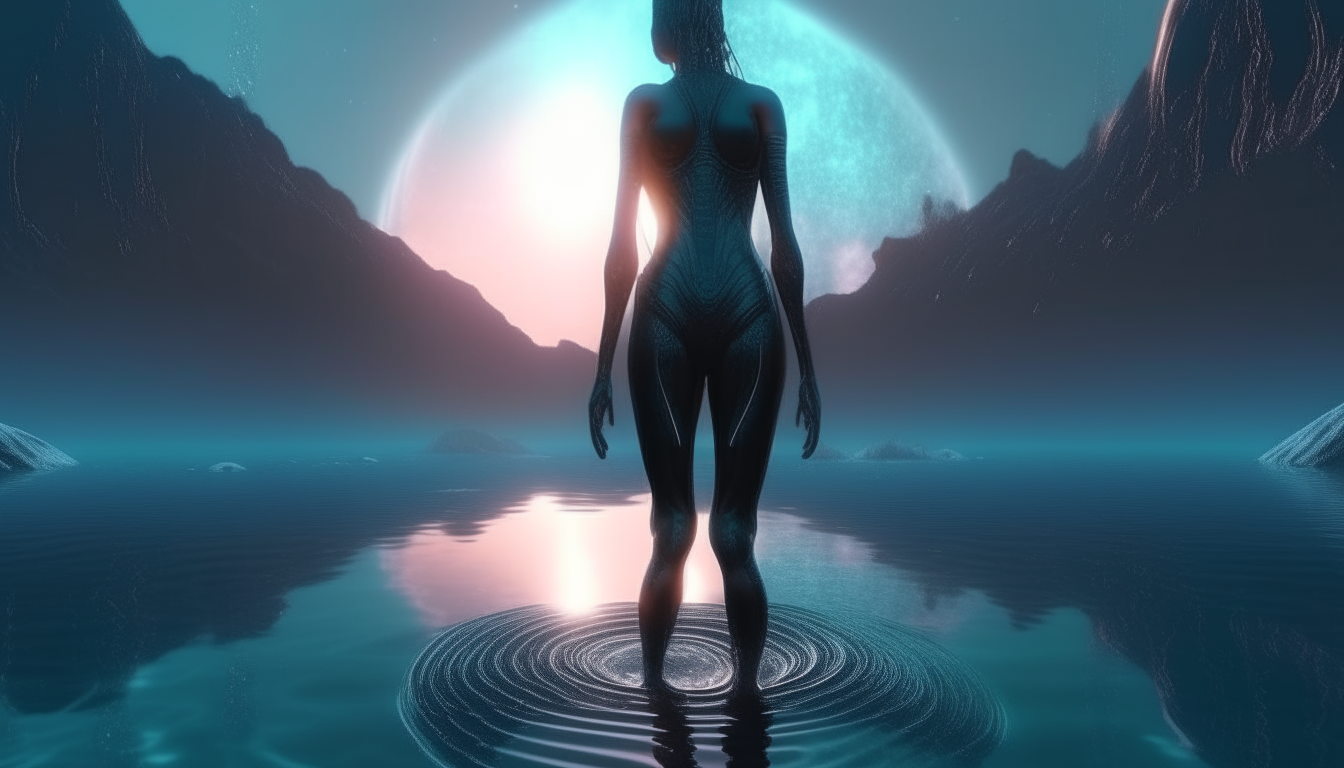 alien goddess standing in reflective liquid pool on alien planet, vastness of universe above her, highly detailed, 4k quality, dark sci-fi fantasy style, 16:9 aspect ratio