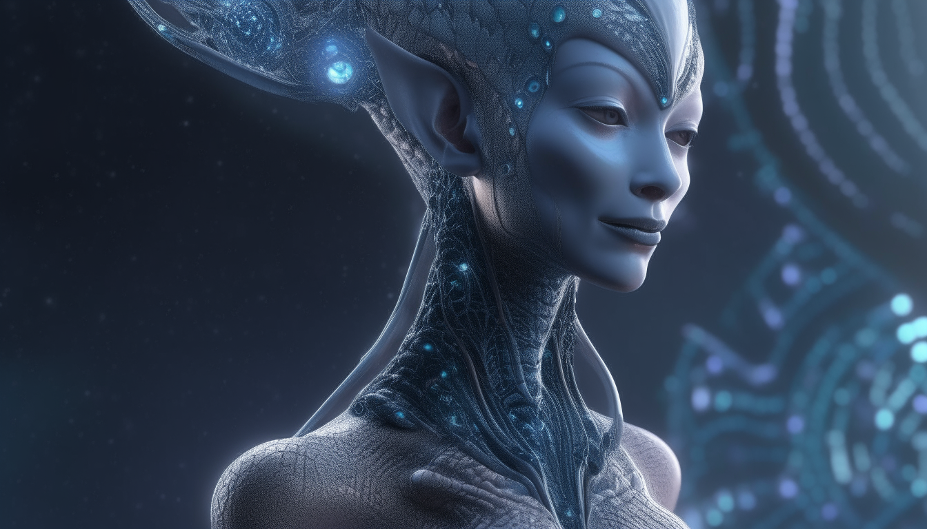 beautiful alien goddess with alien skin, molecules making up the creation of the universe, highly detailed, 16:9 aspect ratio, 4k quality, dark sci-fi fantasy style