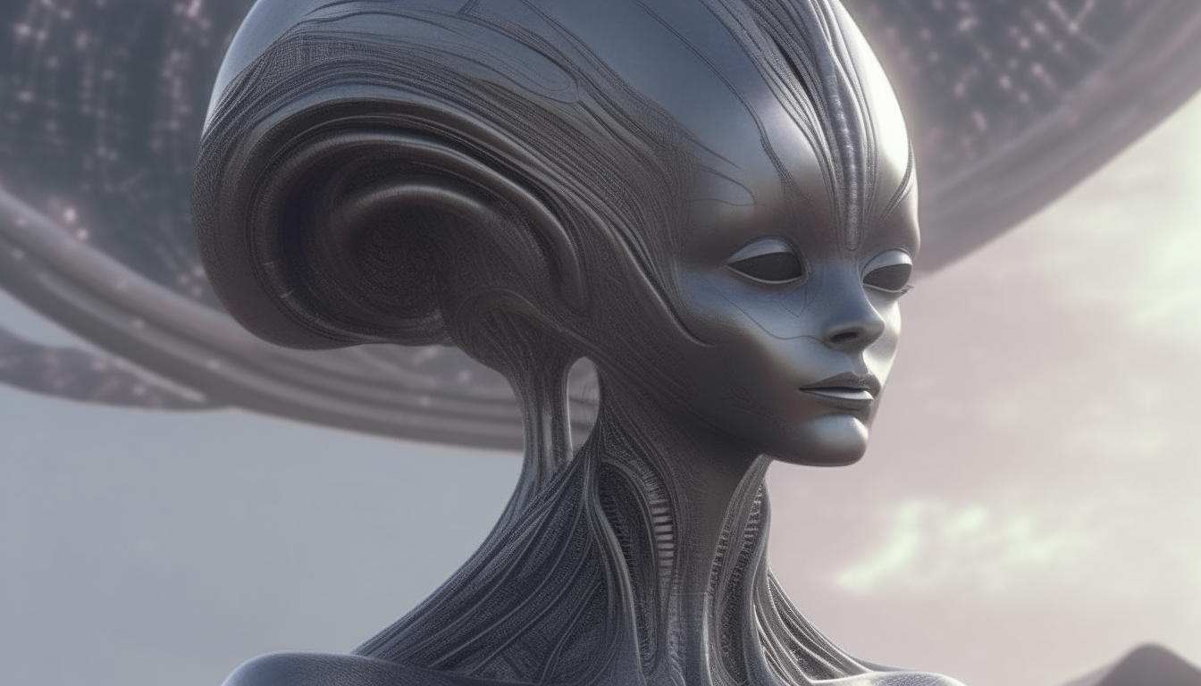 alien goddess with infinite wisdom, silver chrome tendrils through domed head on surface of alien planet, highly detailed, 4k quality, dark sci-fi fantasy style, 16:9 aspect ratio