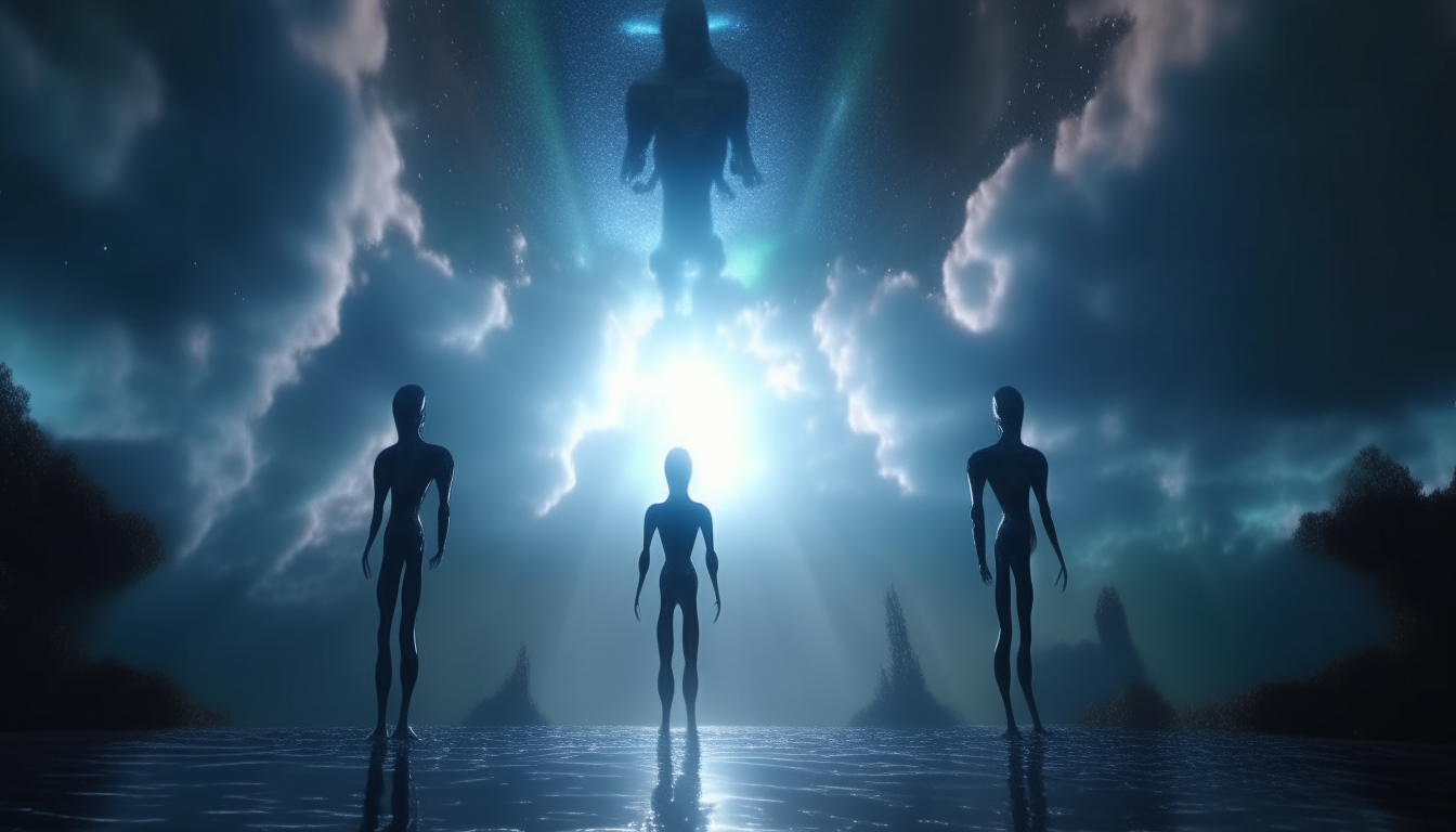 alien beings standing on reflective liquid pool looking up at sky with heavenly beams of light through clouds, highly detailed, 4k quality, dark sci-fi fantasy style, 16:9 aspect ratio