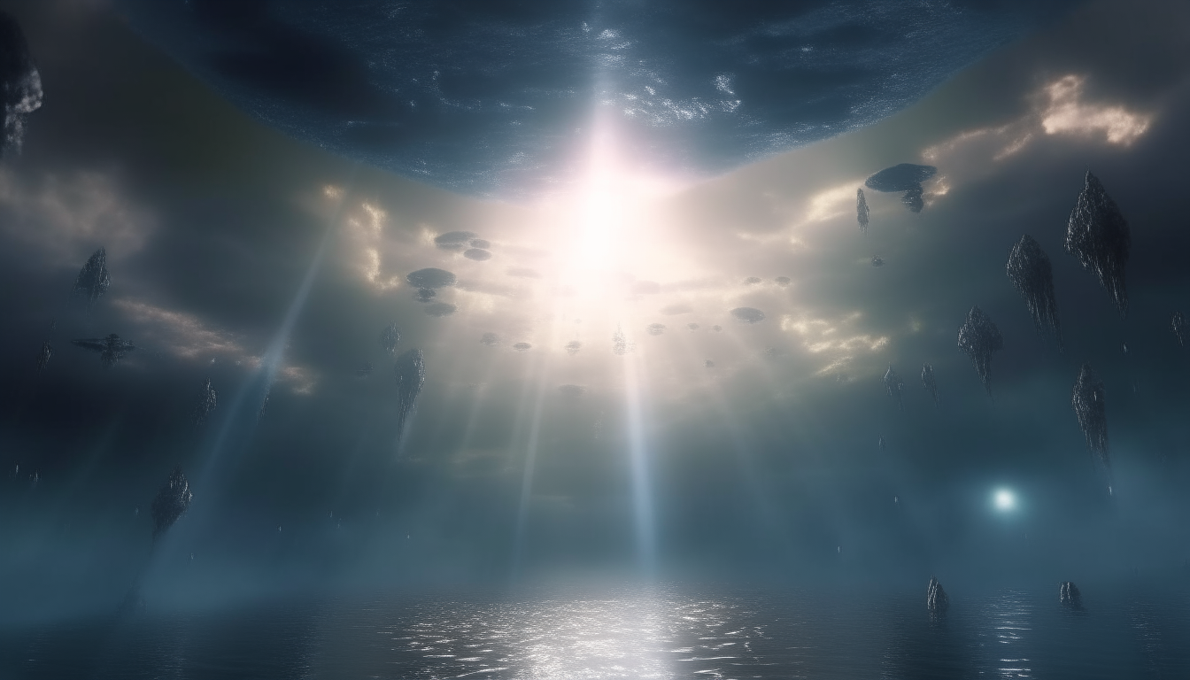 alien beings reaching out to heavenly beams of light through clouds above reflective liquid pool, highly detailed, 4k quality, dark sci-fi fantasy style, 16:9 aspect ratio