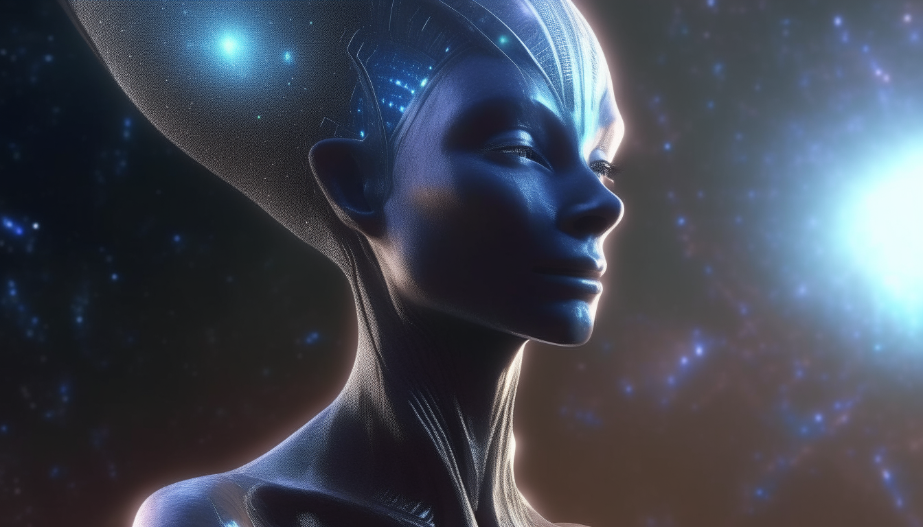 alien goddess with heavenly light beam shining on her face highlighting her alien skin, reflective liquids below her and galaxy sky above, highly detailed, 4k quality, 16:9 aspect ratio, dark sci-fi fantasy style