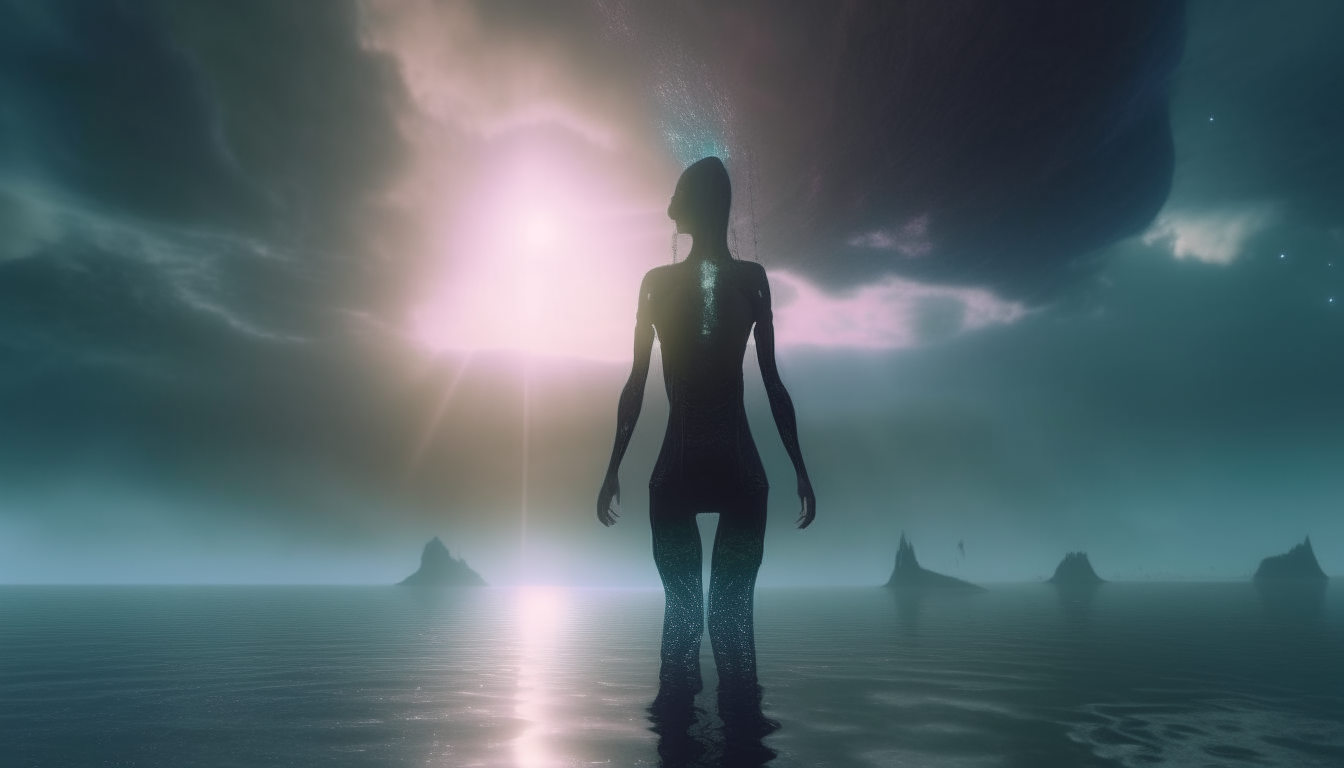 alien goddess standing in reflective water on alien planet, looking up at heavenly beam of light through clouds, highly detailed 4k image, dark sci-fi fantasy style, 16:9 aspect ratio