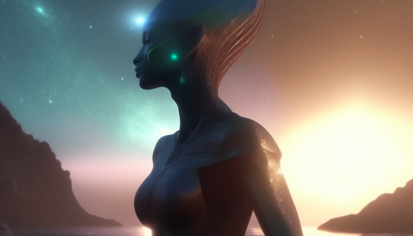 highly detailed image of alien goddess on alien planet with reflective water, looking over shoulder at camera, heavenly beams of light through space dust clouds, 4k quality, 16:9 aspect ratio, dark sci-fi fantasy style