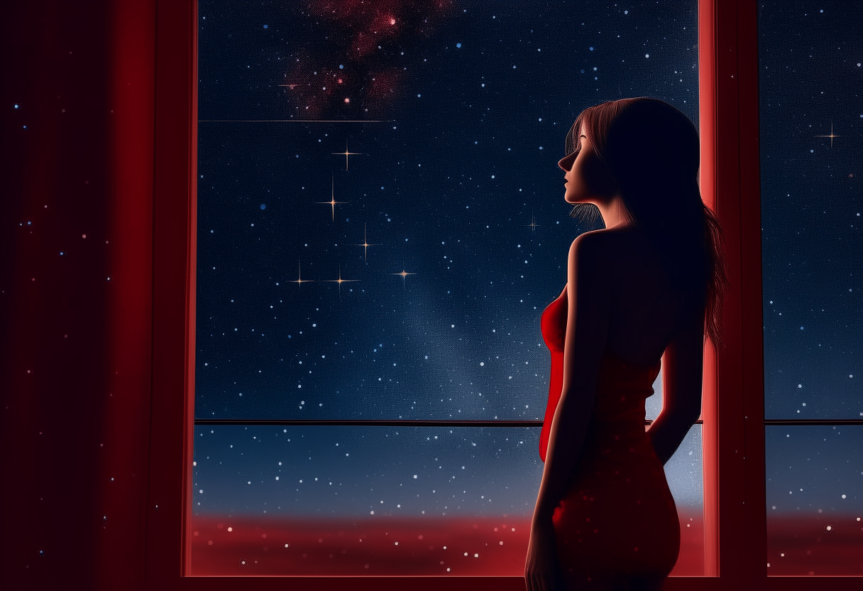 A beautiful young woman wearing a red bikini gazes out a large window at a starry night sky filled with twinkling stars. She stands silhouetted against the window, bathed in moonlight, lost in thought as she stargazes.