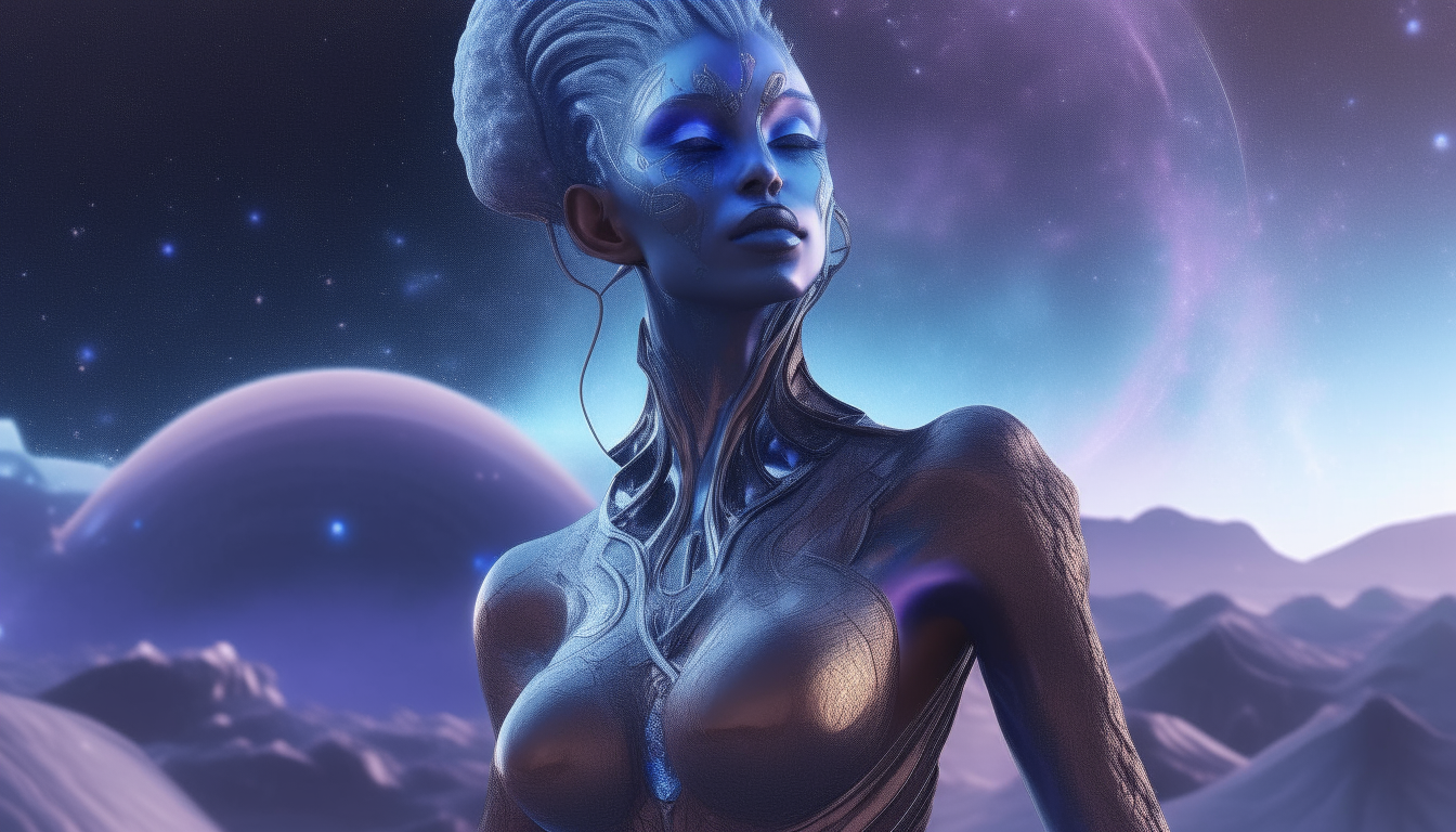 an alien goddess with blue skin and golden eyes emerging from reflective silver liquids on the surface of an alien planet, with swirling cosmic clouds of purple and blue space dust in the alien atmosphere above, highly detailed intricate textures on all elements, digital painting, 4k resolution, dark sci-fi fantasy style