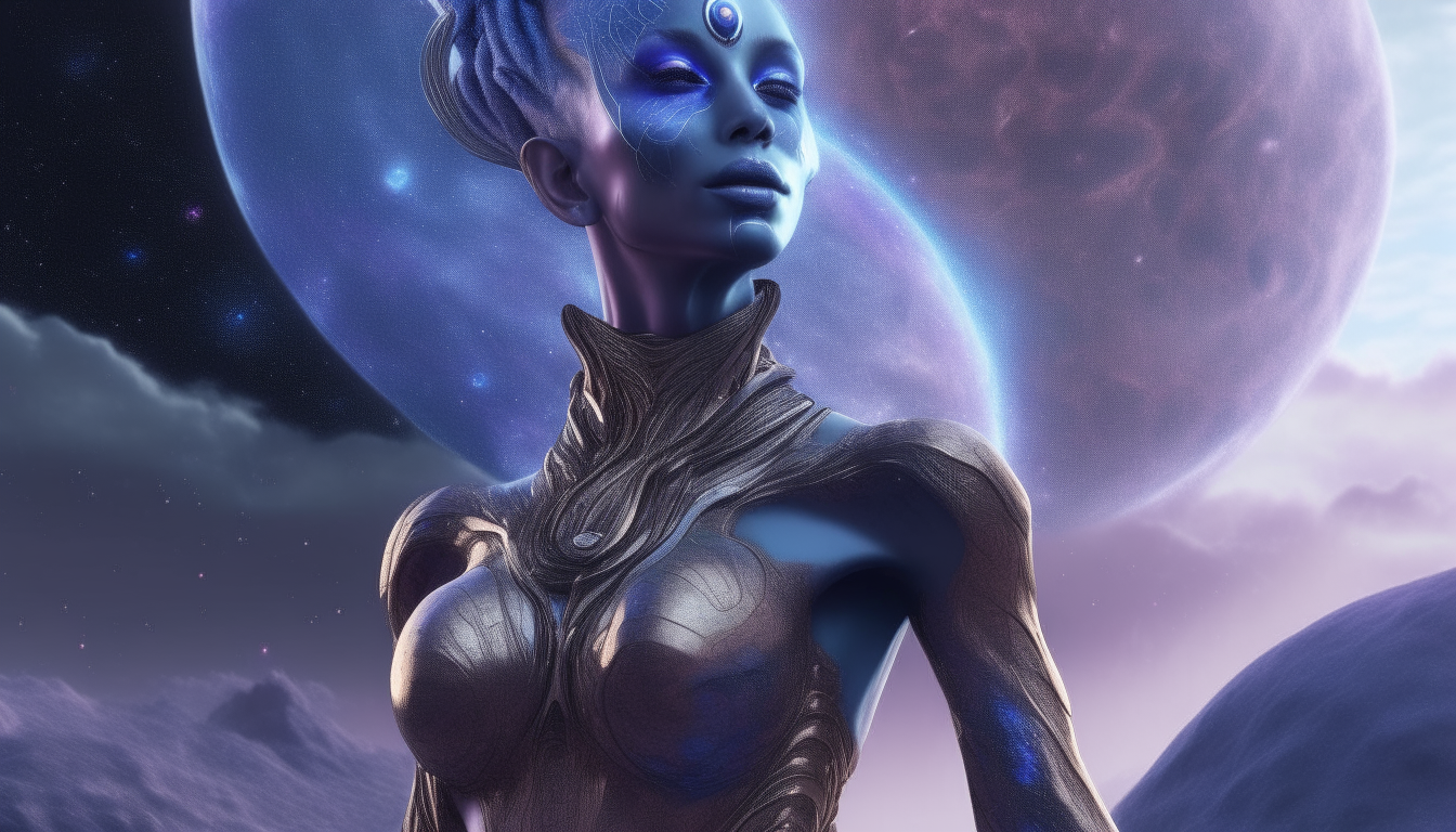 an alien goddess with blue skin and golden eyes emerging from reflective silver liquids on the surface of an alien planet, with swirling cosmic clouds of purple and blue space dust in the alien atmosphere above, highly detailed intricate textures on all elements, digital painting, 4k resolution, dark sci-fi fantasy style