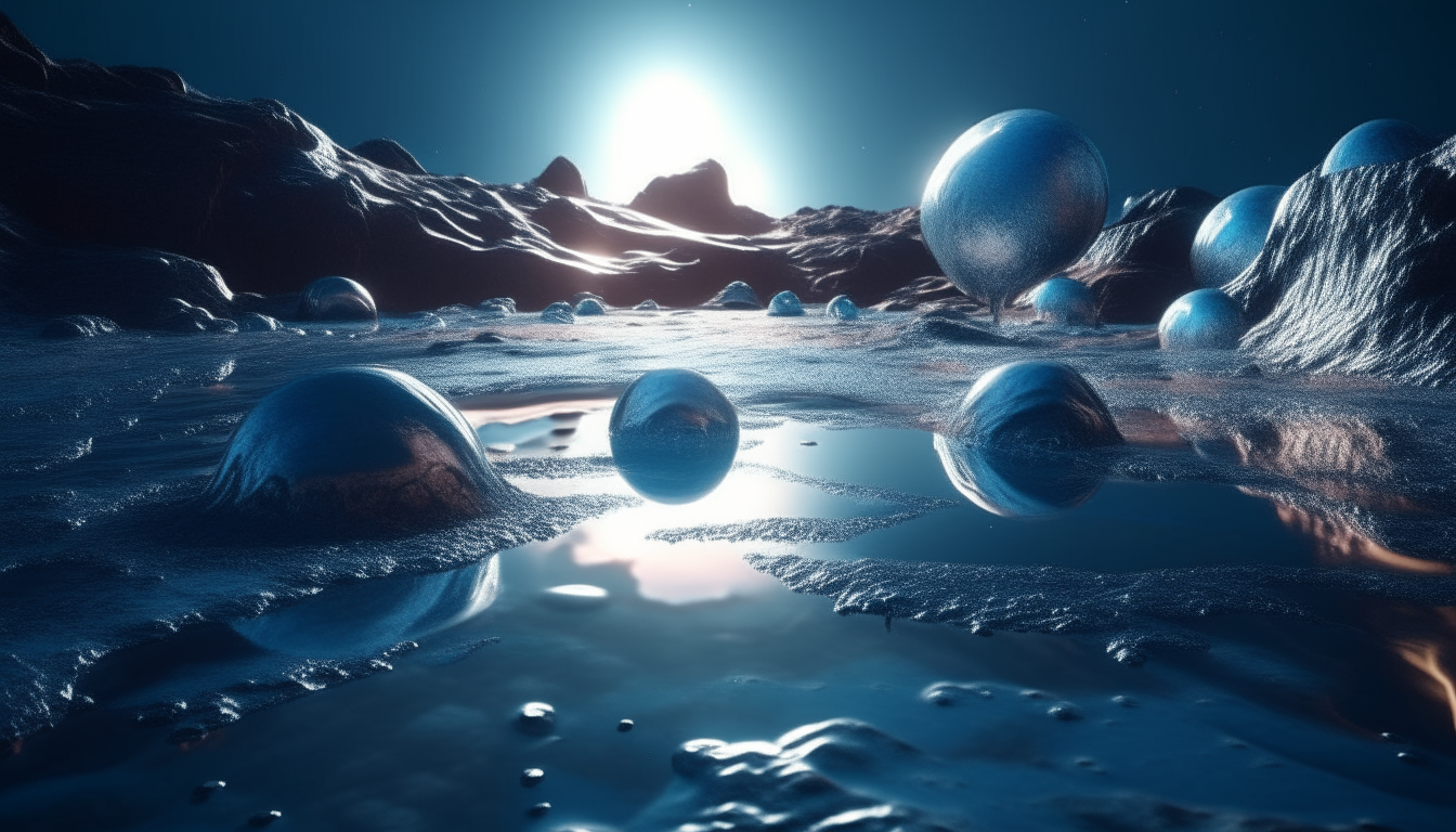 a reflective silver liquid pool on the surface of an alien planet, with small blue alien beings with large eyes emerging from the liquid, extremely detailed textures and lighting creating a photorealistic look, 4k resolution digital art, dark sci-fi fantasy style