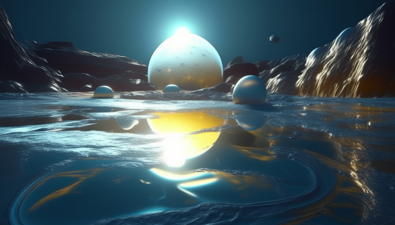 a reflective silver liquid pool on the surface of an alien planet, with small blue alien beings with large eyes emerging from the liquid, there are intense white and yellow heavenly light beams shining down onto the liquid pool creating bright ripples and reflections, extremely detailed textures and lighting creating a photorealistic look, 4k resolution digital art, dark sci-fi fantasy style