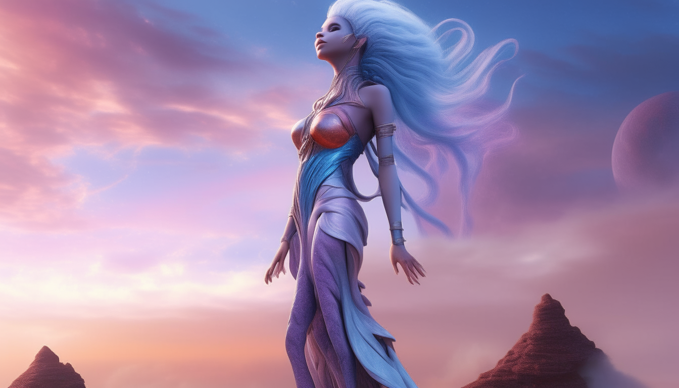 a tall female alien goddess with blue skin, golden eyes, and long flowing white hair, standing on the rocky purple surface of an alien planet, looking up in awe at the colorful cosmic clouds and dust swirling in the pink and blue sky, highly detailed textures, extremely photorealistic, 4k resolution digital painting